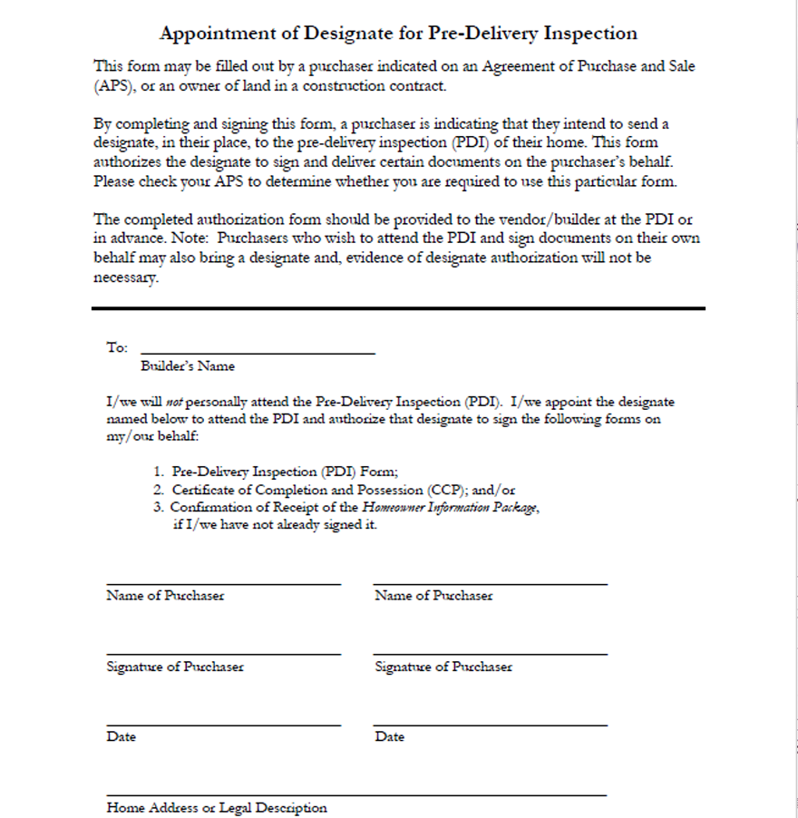 Appointment of Designate for the Pre Delivery Inspection Form